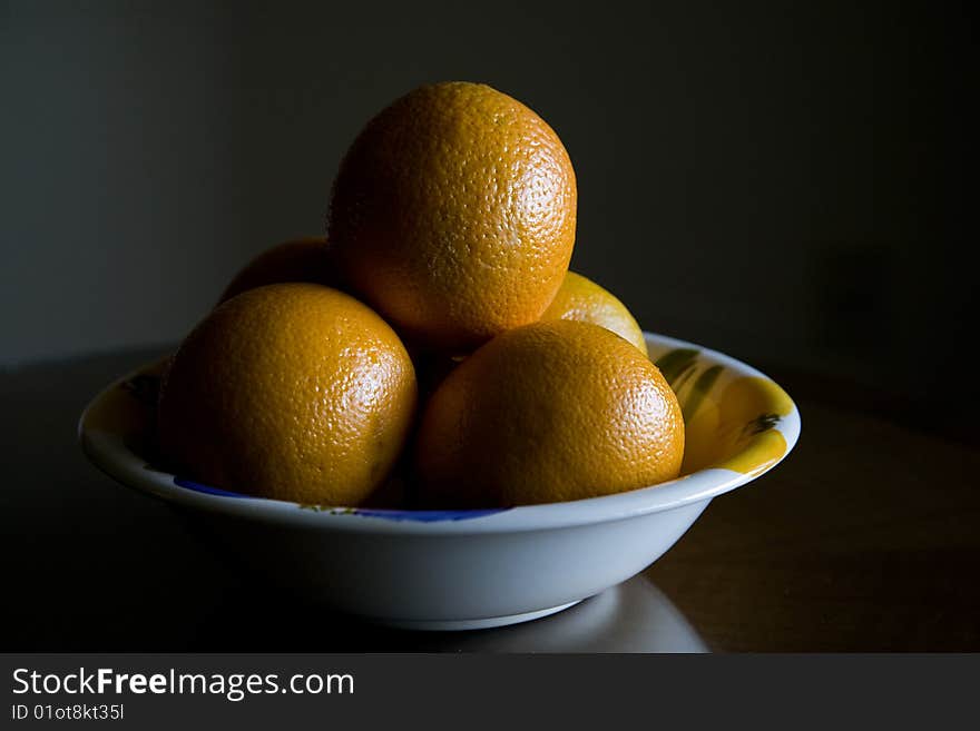 Natural light oranges in a bowl on a table