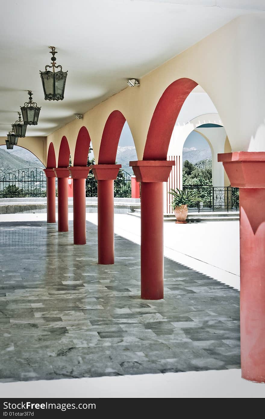 Red arcs collonade and lanterns. Red arcs collonade and lanterns