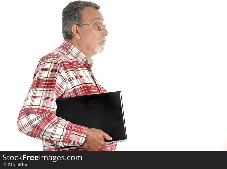 Senior with laptop computer isolated on white background