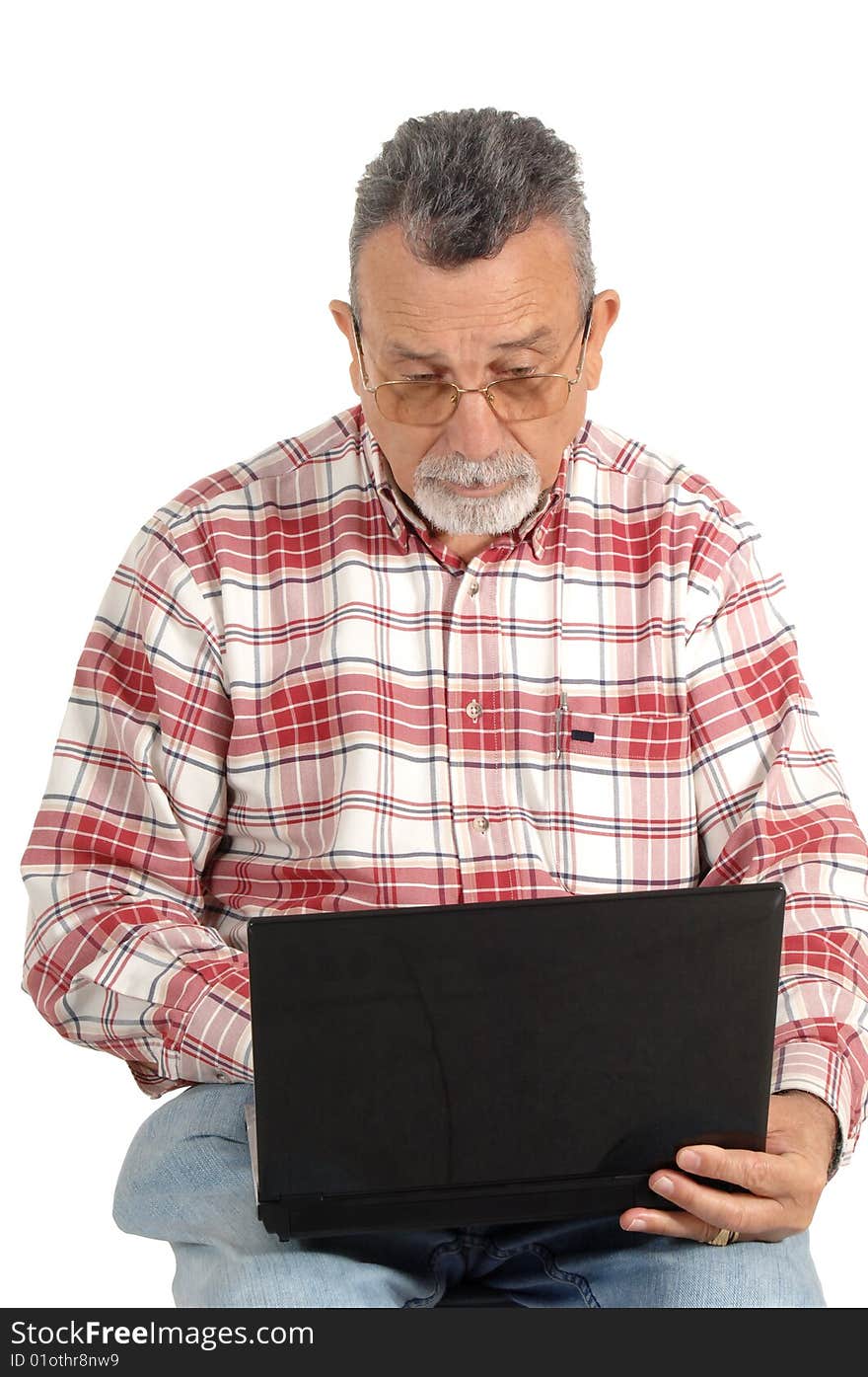 Senior with laptop computer isolated on white background