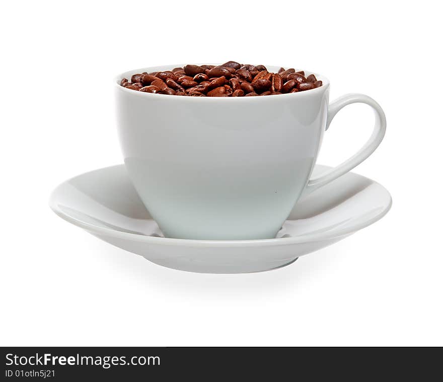 Cup of coffee beans isolated over white background