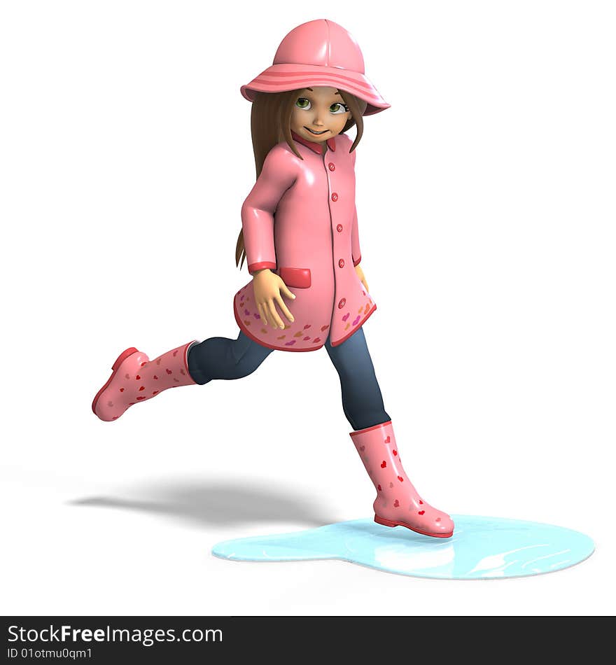 Cute litte toon girl has fun in rain. with clipping path and shadow over white