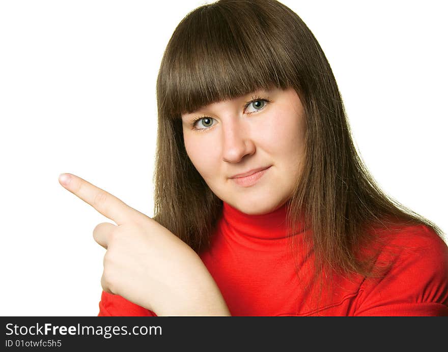 Woman showing gesture isolated over white. Woman showing gesture isolated over white