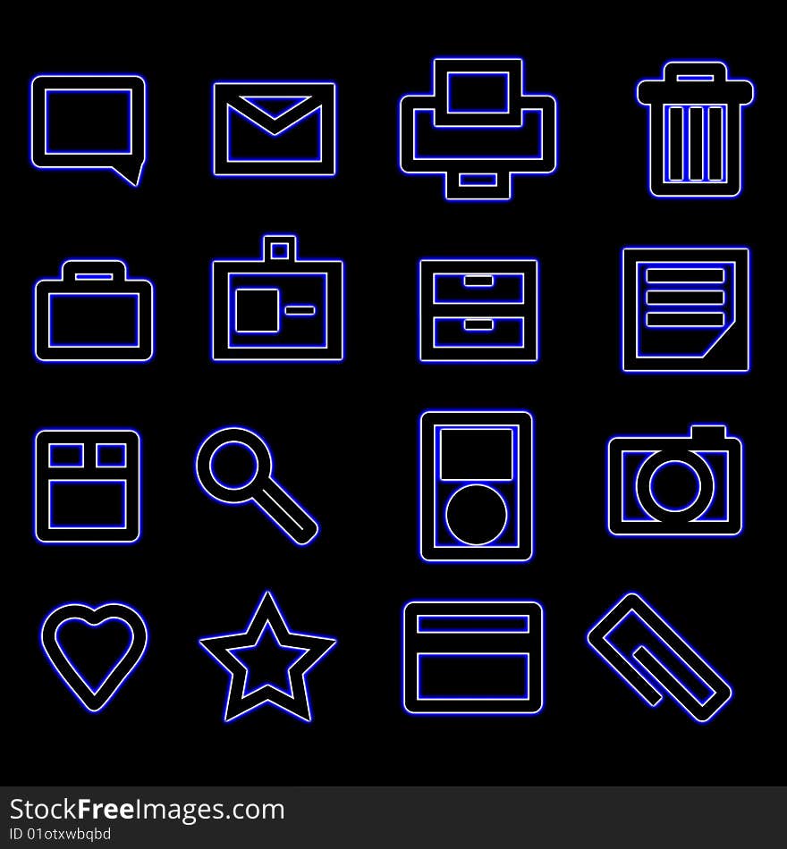 A set of 16 bold thick line point business icons that include mail, printer, speech, touch, sight, accessibility, trash, camera, document, music, shopping, attachment. A set of 16 bold thick line point business icons that include mail, printer, speech, touch, sight, accessibility, trash, camera, document, music, shopping, attachment.