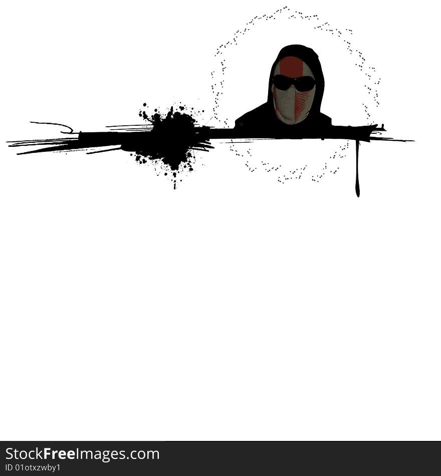 A gangster wearing sunglasses, hoody and cloth around face the disguise identity. Bullet holes and paint splats. A gangster wearing sunglasses, hoody and cloth around face the disguise identity. Bullet holes and paint splats.