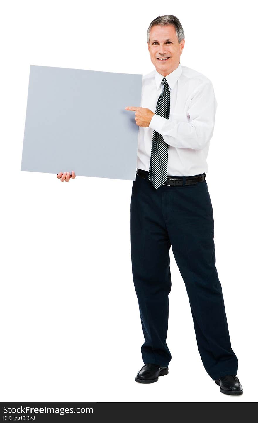 Portrait of a businessman showing a placard isolated over white. Portrait of a businessman showing a placard isolated over white