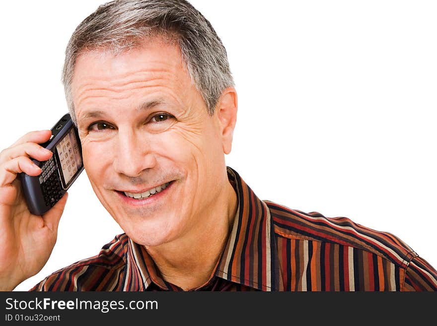 Portrait of a businessman talking on a mobile phone isolated over white. Portrait of a businessman talking on a mobile phone isolated over white