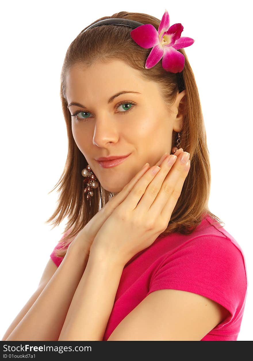 Smiling Girl With A Flower. Isolated On White