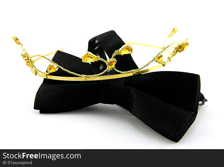Single Black Bow Tie with Tiara on a white Background. Single Black Bow Tie with Tiara on a white Background