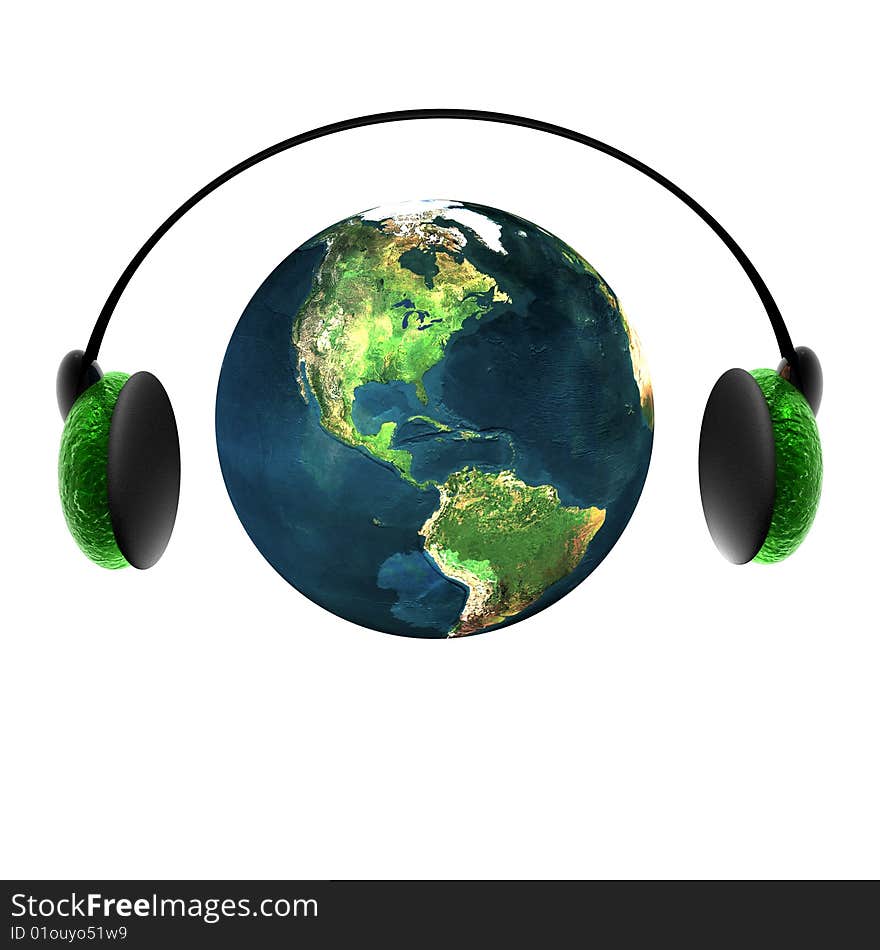 3D music globe with headphone isolated on a white background