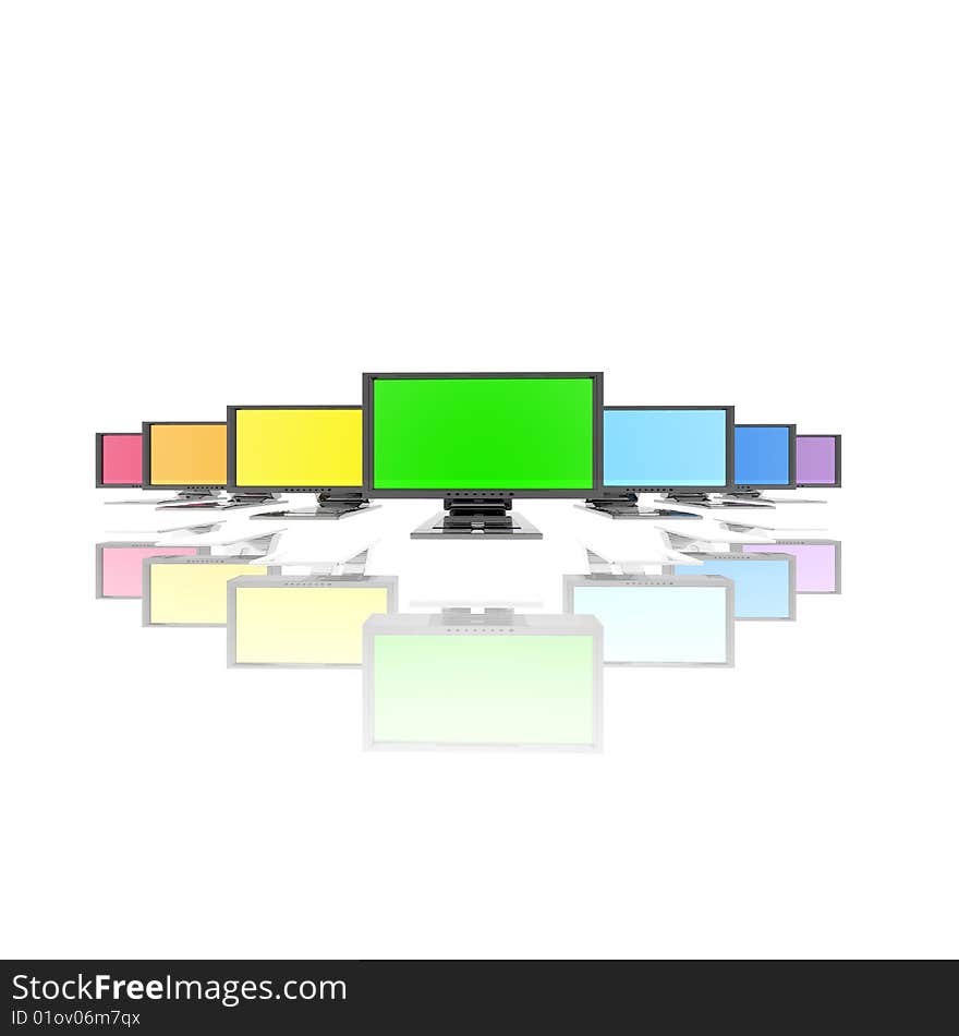 Monitors In A Row Isolated On A White