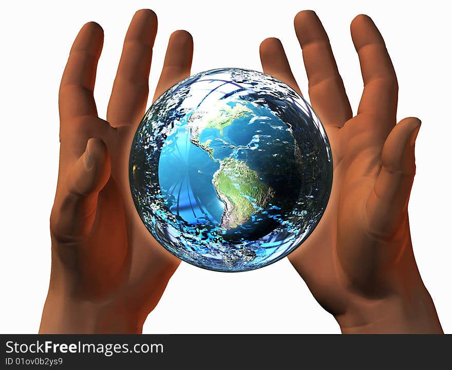 3D earth on 3D hands isolated on white