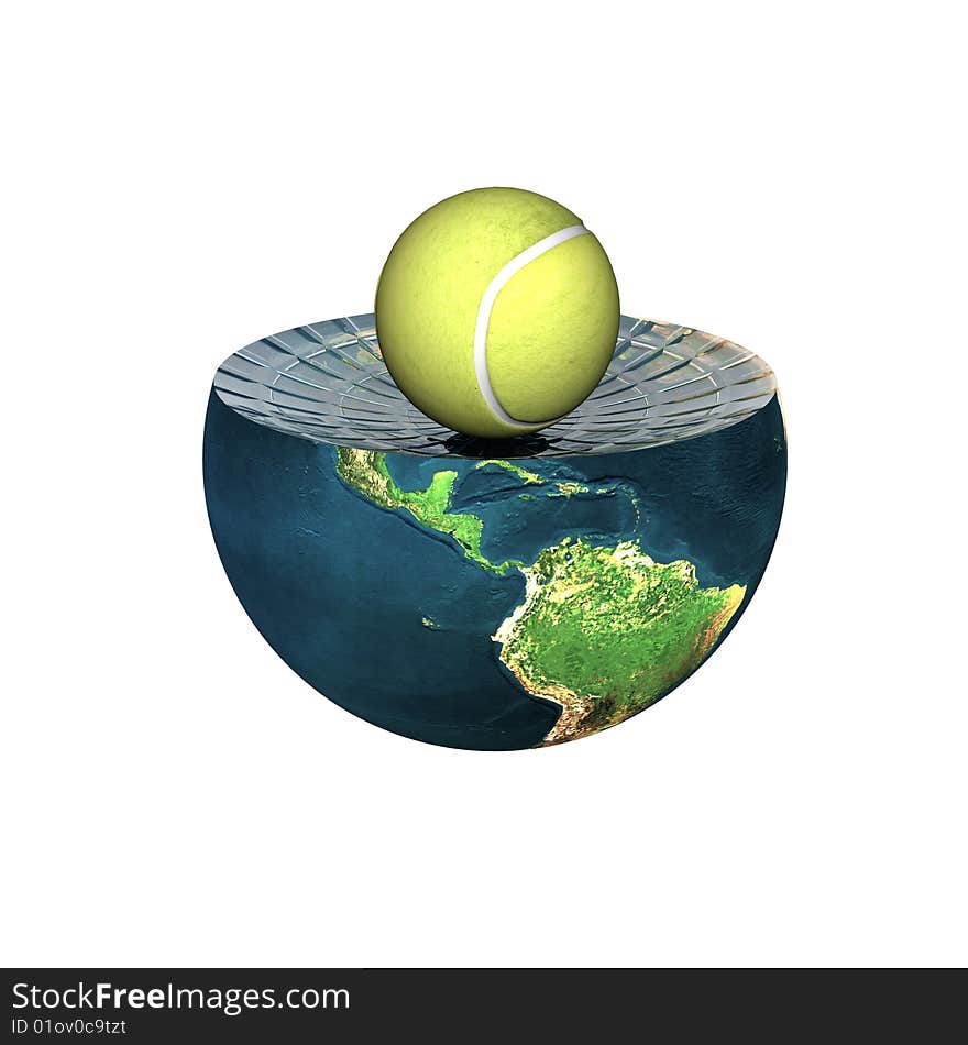 Tennis ball on earth hemisphere isolated on a white