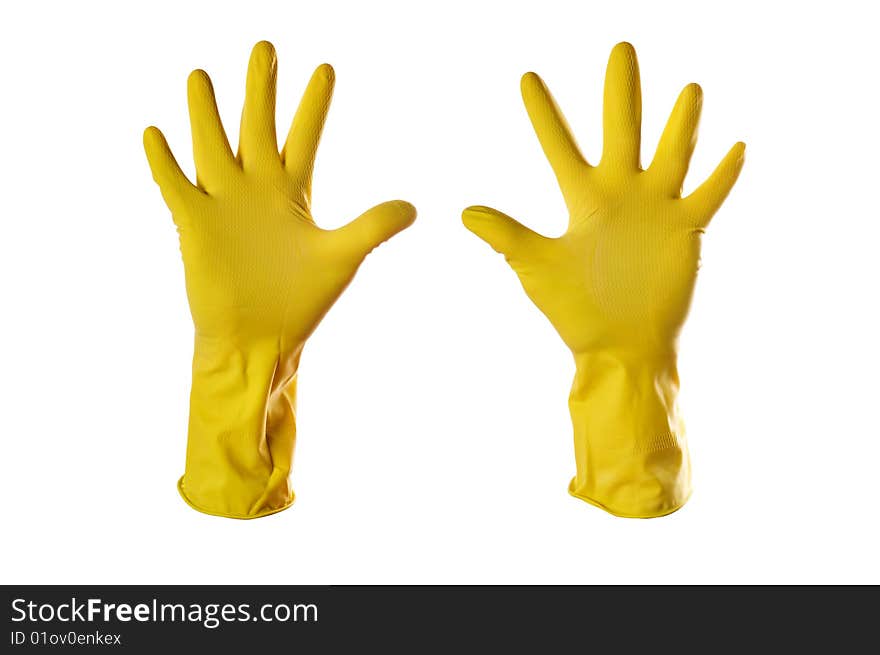 Yellow rubber gloves on white with clipping path