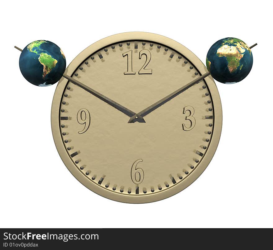 Wall clock with two earth isolated on white