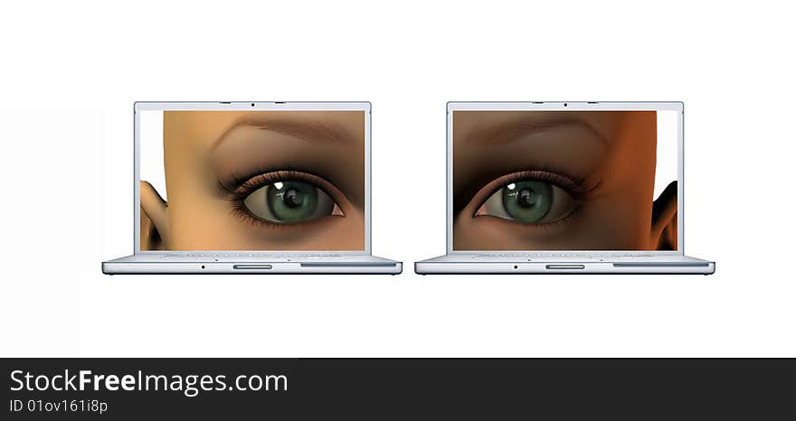 Girl eyes on a laptop screens isolated on a white