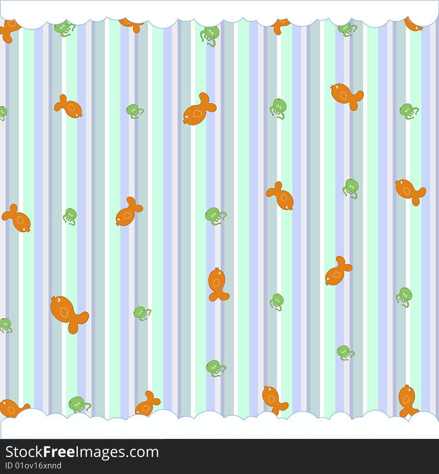 Cartoon vector illustration of retro funky background with cute little fish and octopus