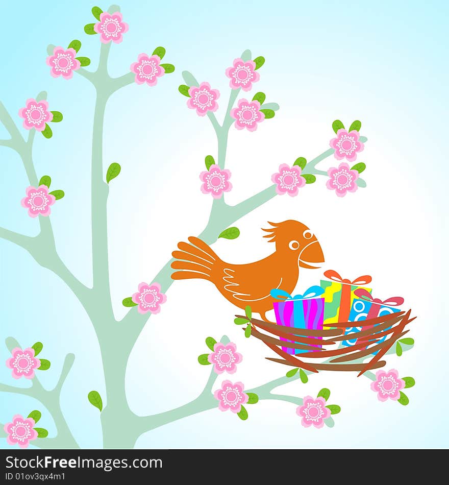 Bird's jack with gifts on a blossoming tree