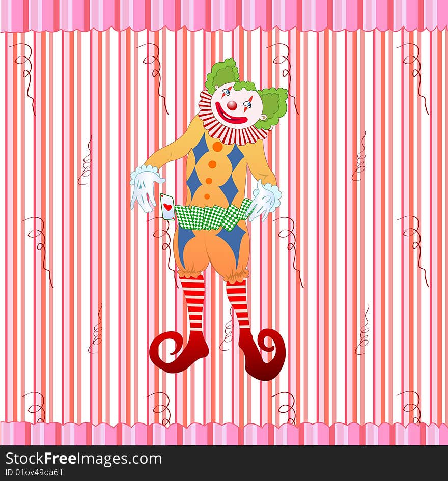 Vector illustration of clown juggling colorful playing card on the retro striped background