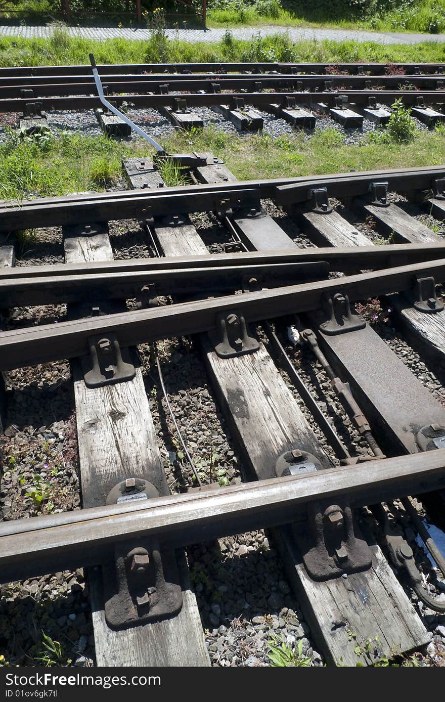 Sets of old train tracks wide angled perspective