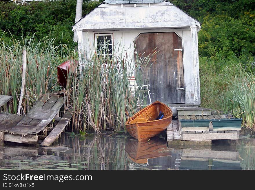 An old shack and a canoe