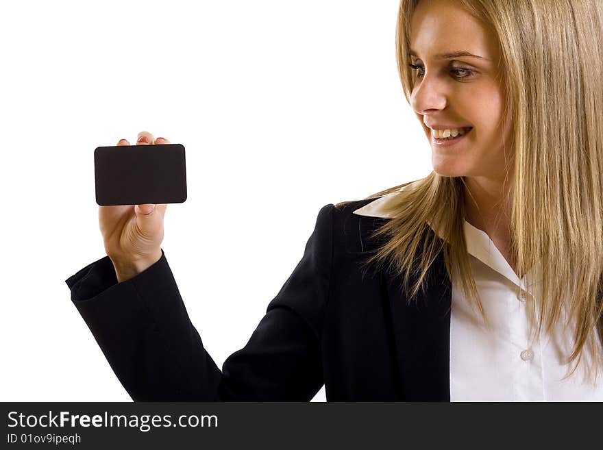 Attractive businesswoman holding a blank card