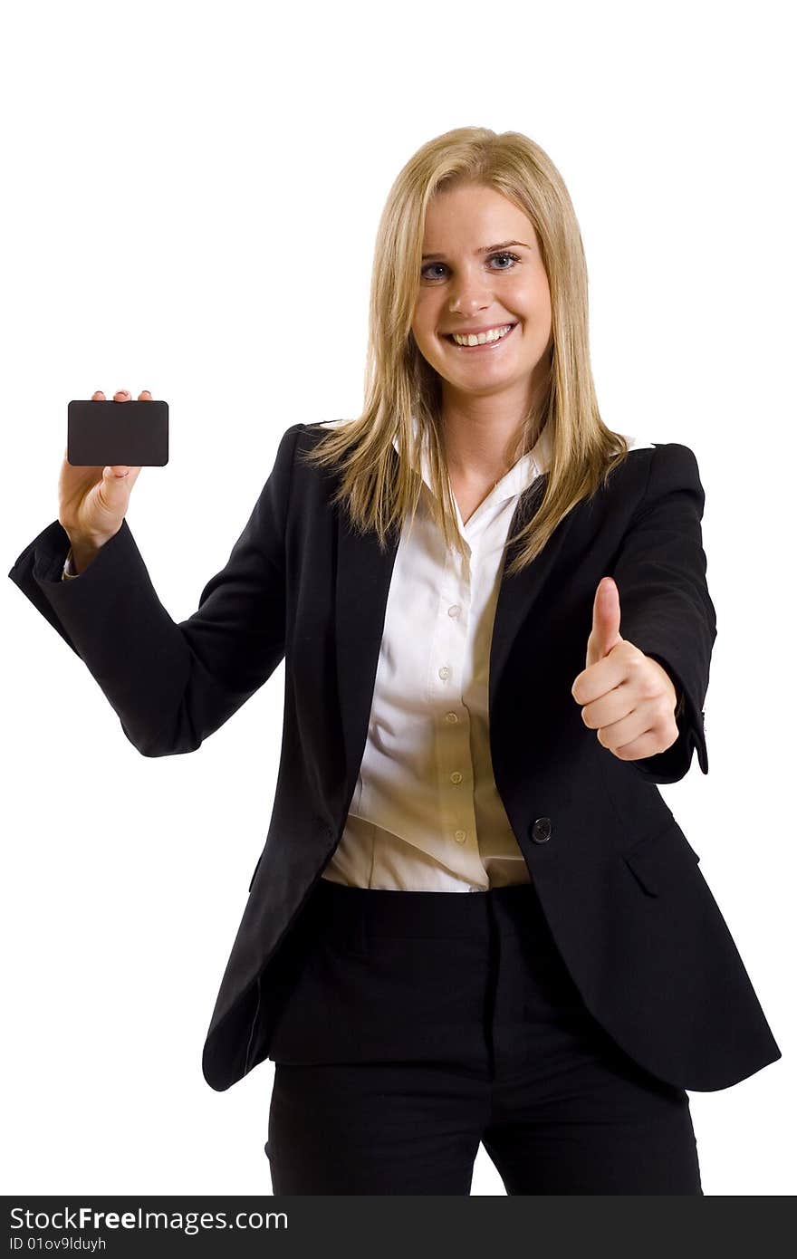 Attractive businesswoman holding a blank card and making her ok sign. Attractive businesswoman holding a blank card and making her ok sign