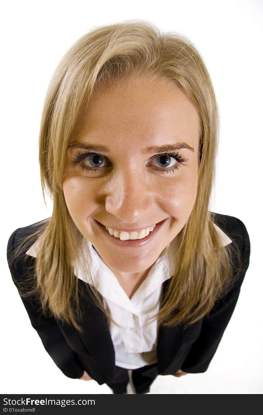 Wide angle picture of an attractive businesswoman over white background