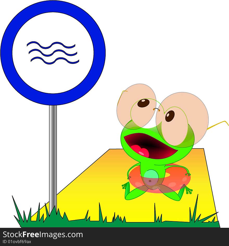 The small frog looks at the poster