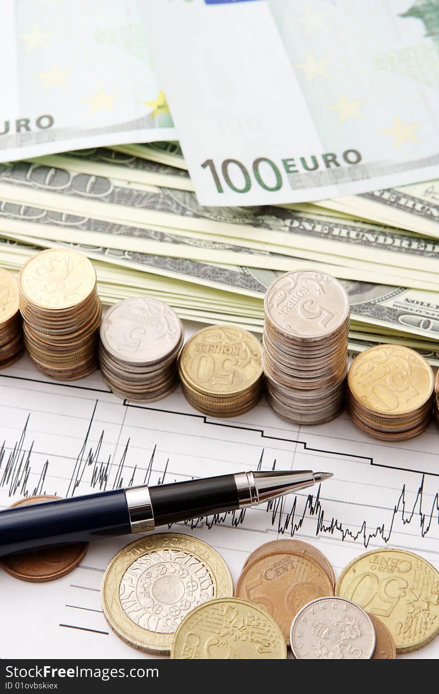 Close up of coins and pen on a graph. Close up of coins and pen on a graph