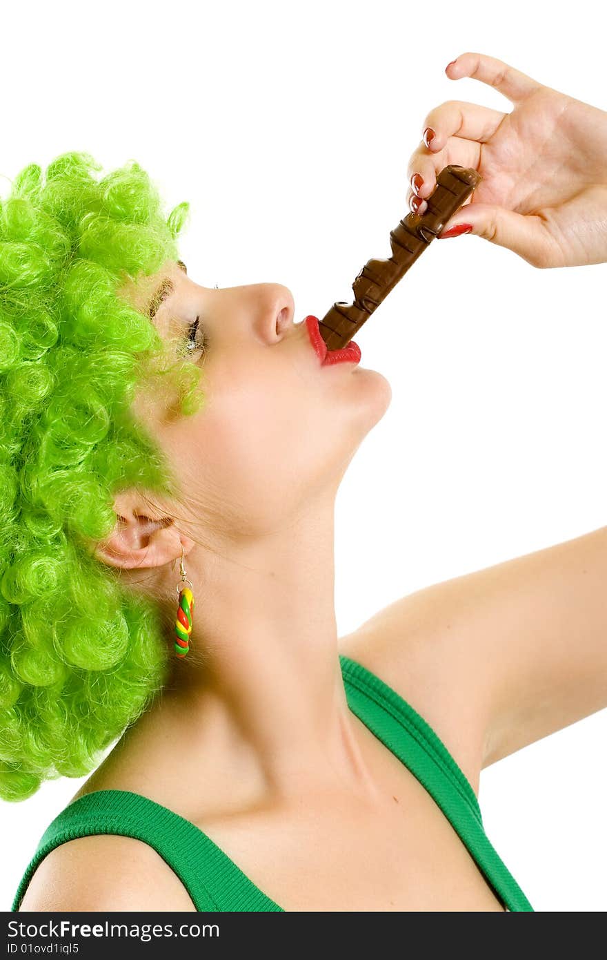 Closeup of an attractive woman with green wig