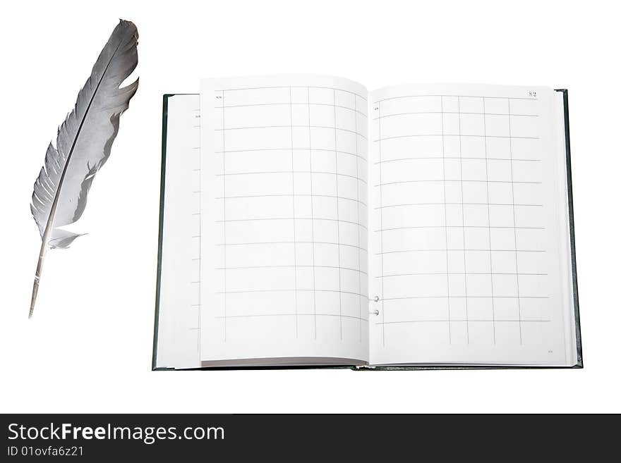 Feather and account book under the white background