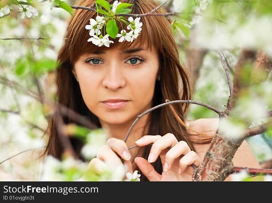 The girl is worth between flowering cherry trees. The girl is worth between flowering cherry trees