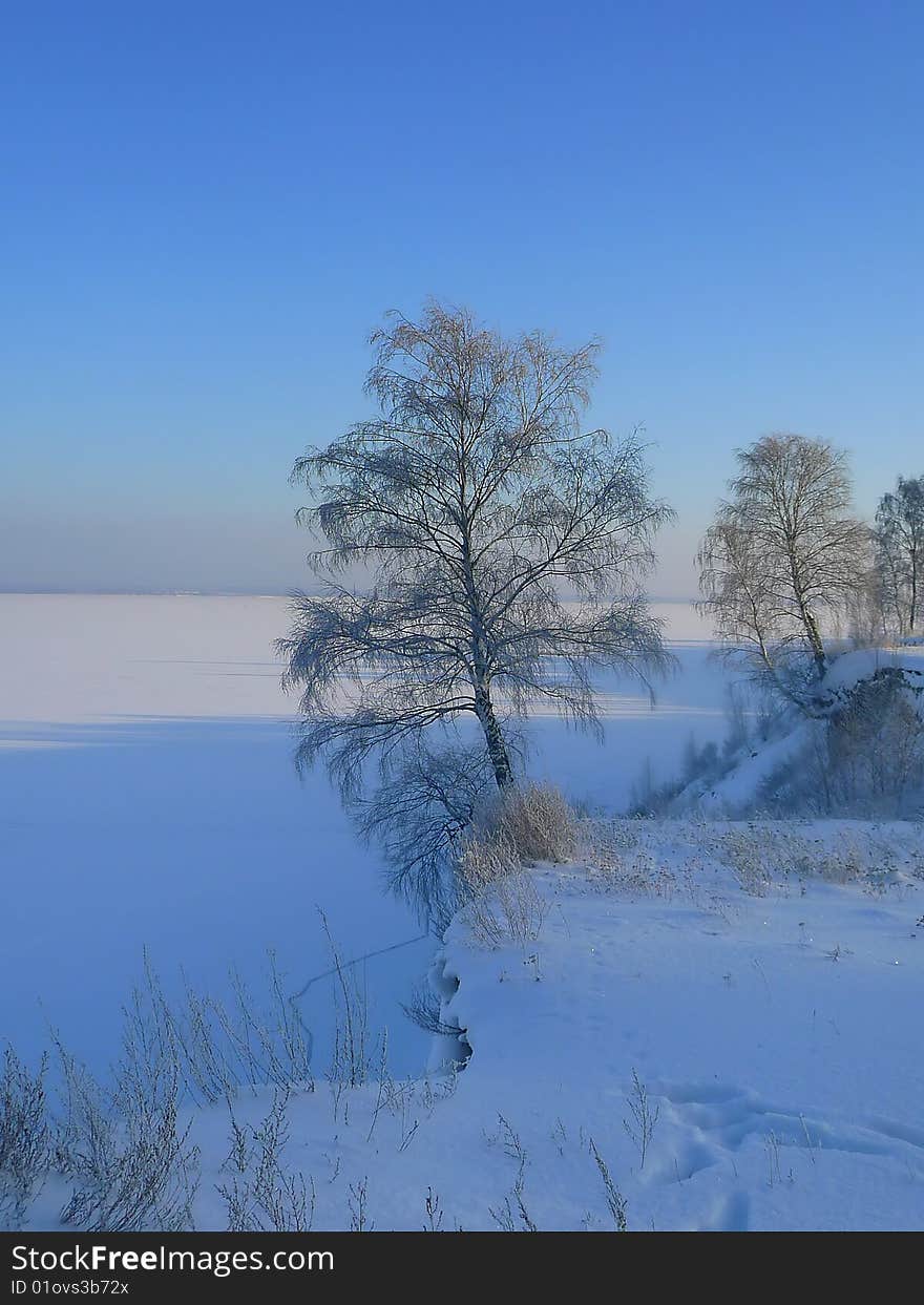 Winter Volga rock in frosty day