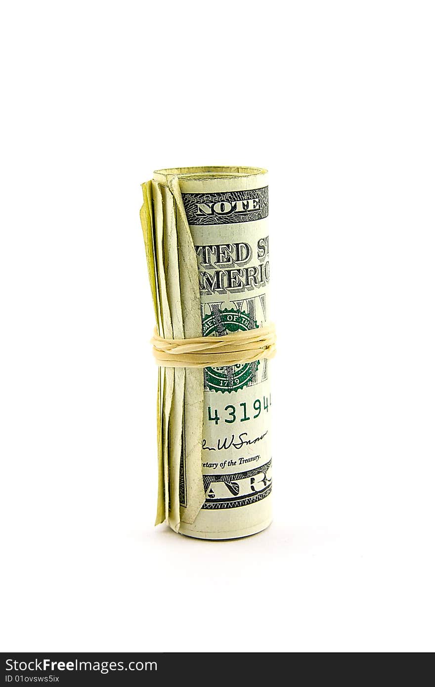 Roll of single dollar bills with elastic band on a white background. Roll of single dollar bills with elastic band on a white background