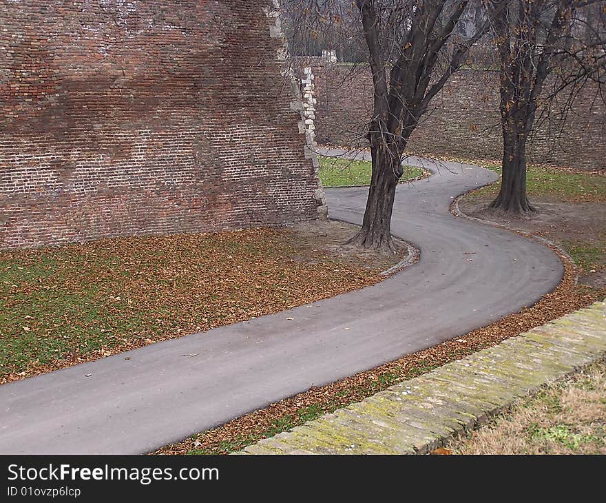 Pedestrian walkway in old Belgrade fortres of Kalamagdan in late autumn. Pedestrian walkway in old Belgrade fortres of Kalamagdan in late autumn.