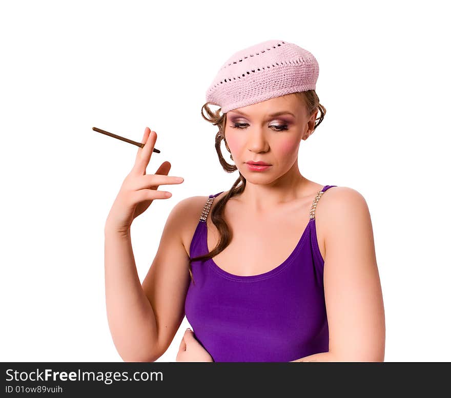 French female in beret smoking isolated