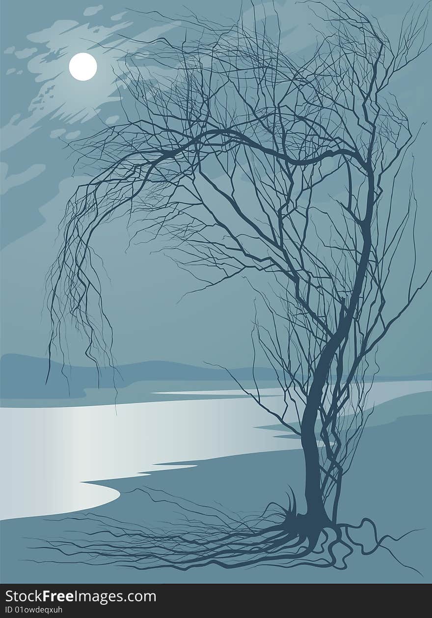 Melancholy landscape with moon, river and tree. Melancholy landscape with moon, river and tree