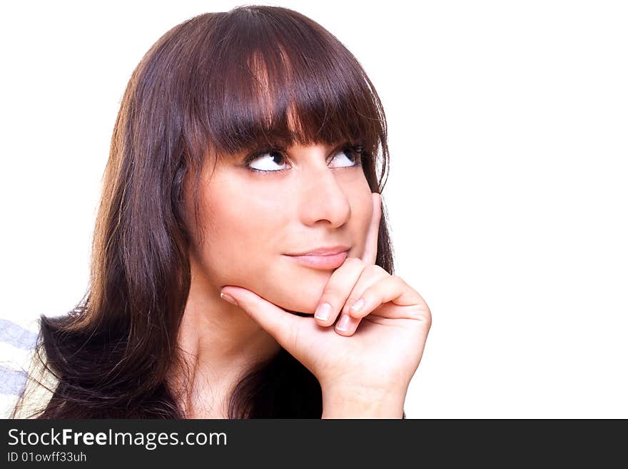 Smiling young woman posing on a white background