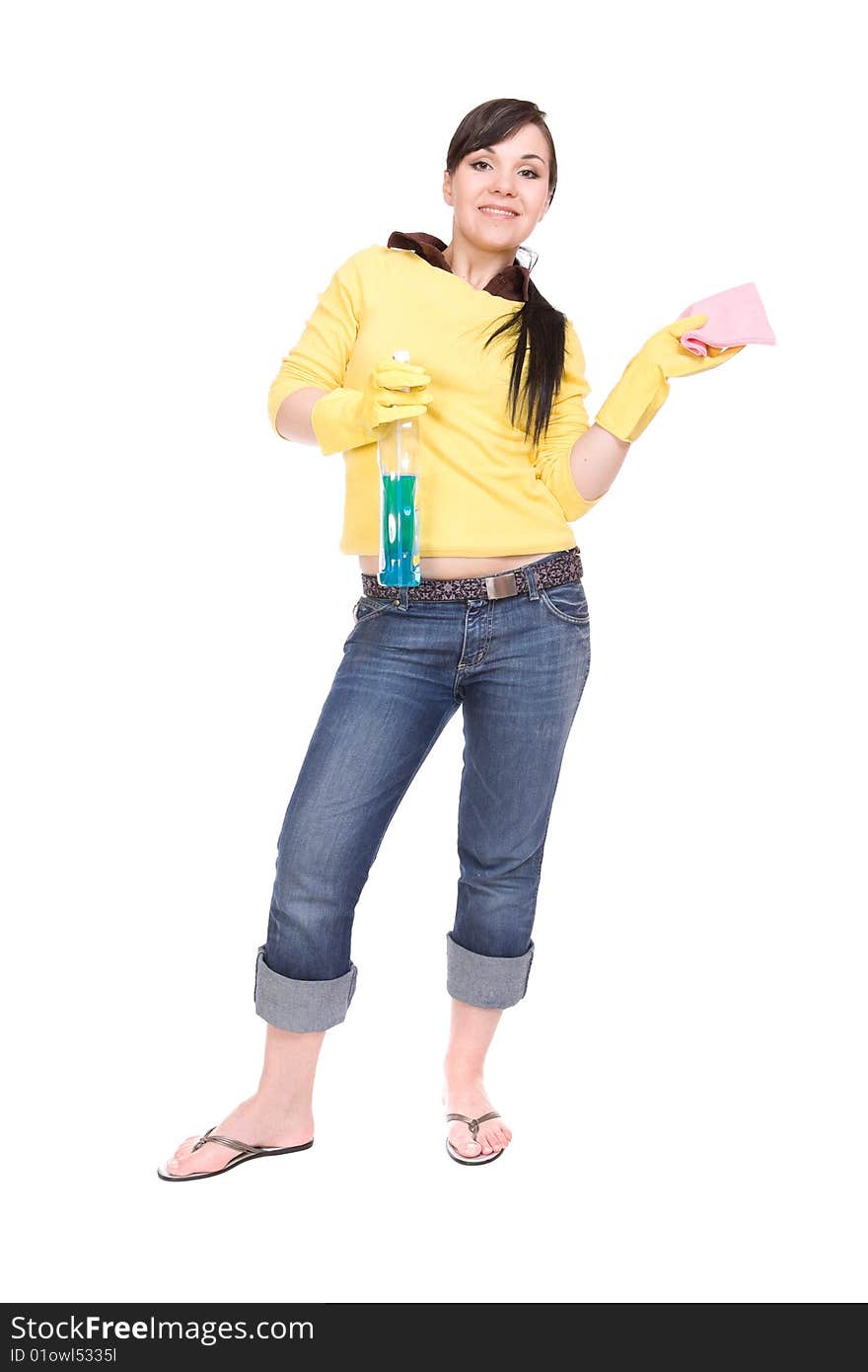 Brunette woman doing house work . isolated on white background