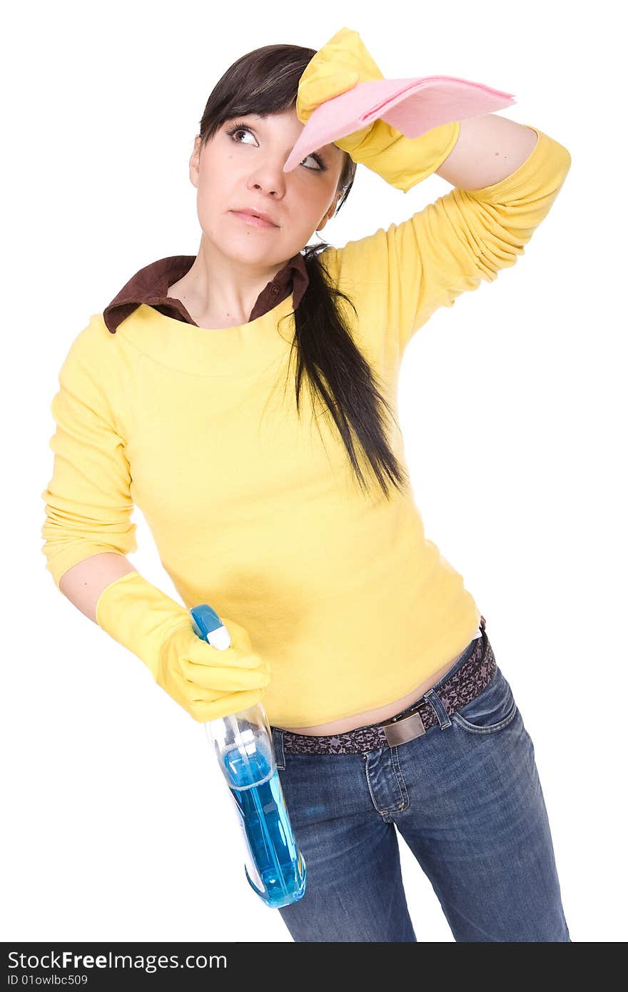 Attractive brunette woman doing housework. over white background. Attractive brunette woman doing housework. over white background