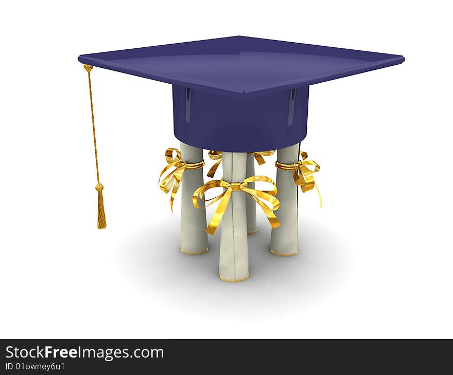 Bachelor cap stand on diplomas. On white background. Bachelor cap stand on diplomas. On white background