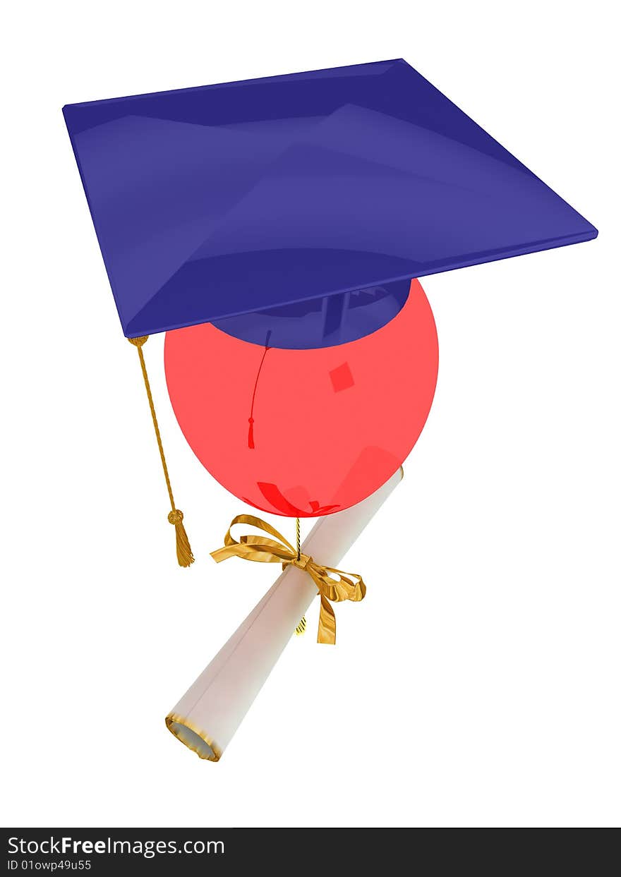 Bachelor cap dressed on balloon. Isolated on white. Bachelor cap dressed on balloon. Isolated on white