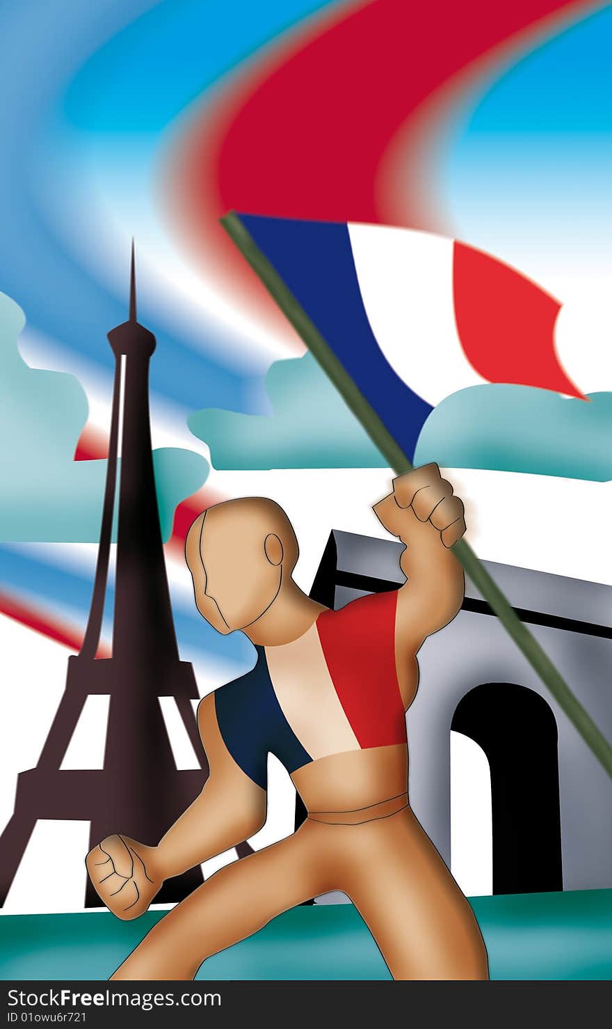 Illustration of a man holding flag of france. Illustration of a man holding flag of france