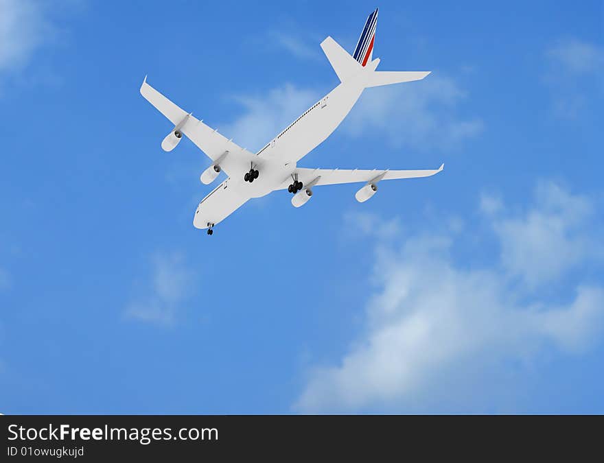 Large white plane flying in blue sky.