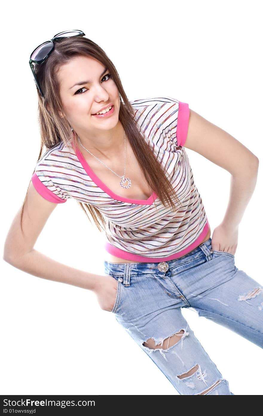 Woman in a pink shirt with the glasses on a white background