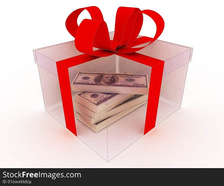 Transparent box on white with money