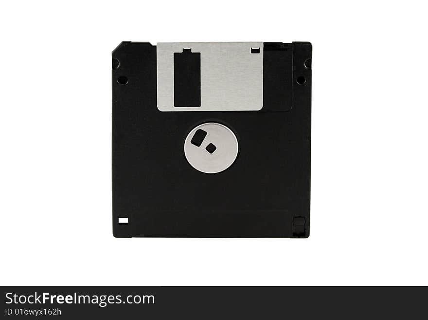 Black floppy diskette on white background close up