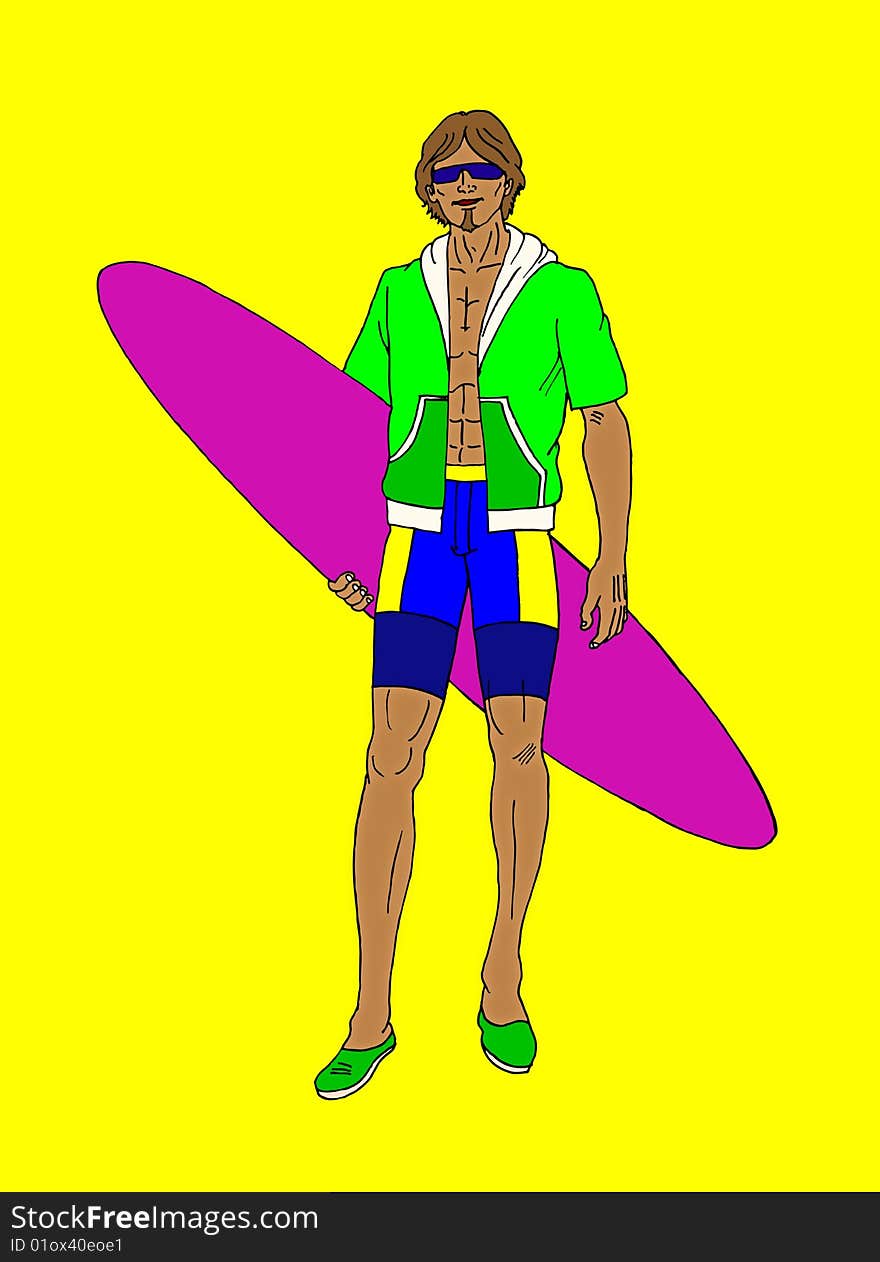 A man holding surf board on isolated yellow background. A man holding surf board on isolated yellow background