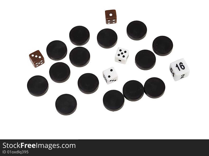 Black chips and dices on isolated background. Black chips and dices on isolated background